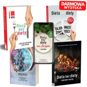 Okładki czterech części książek "Dieta bez diety" oraz e-book "Dieta bez diety na święta" w smartphonie